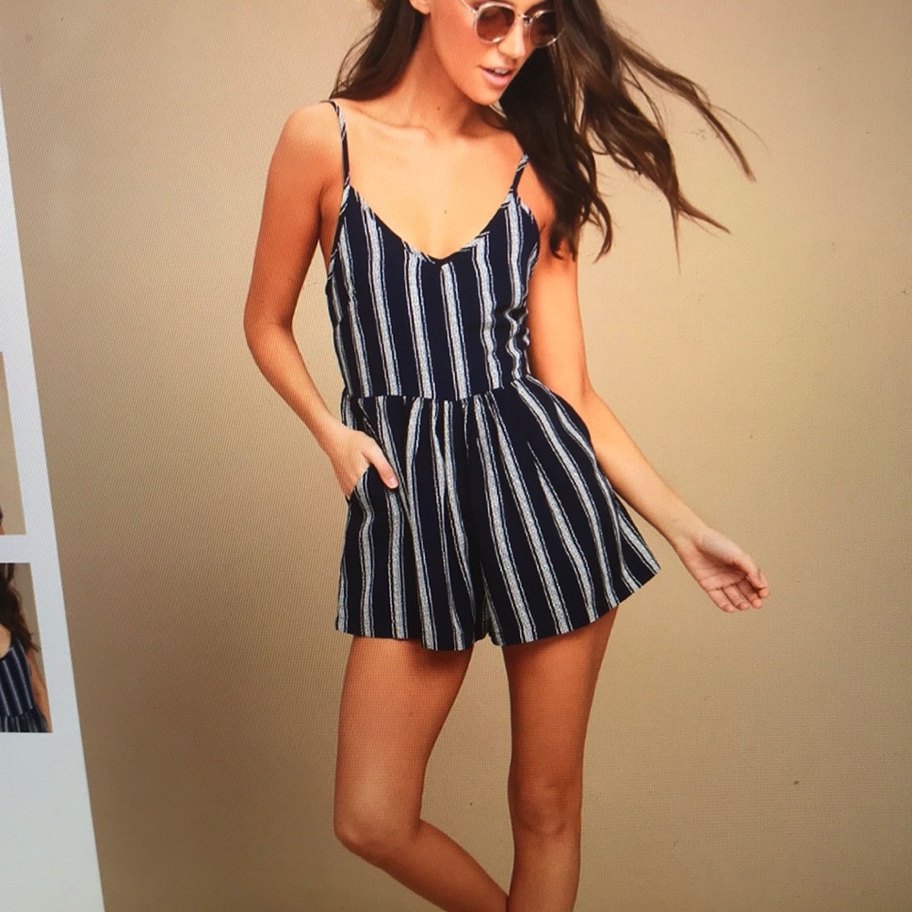 Lulu’s PPLA Pax Navy Blue Stripped Romper